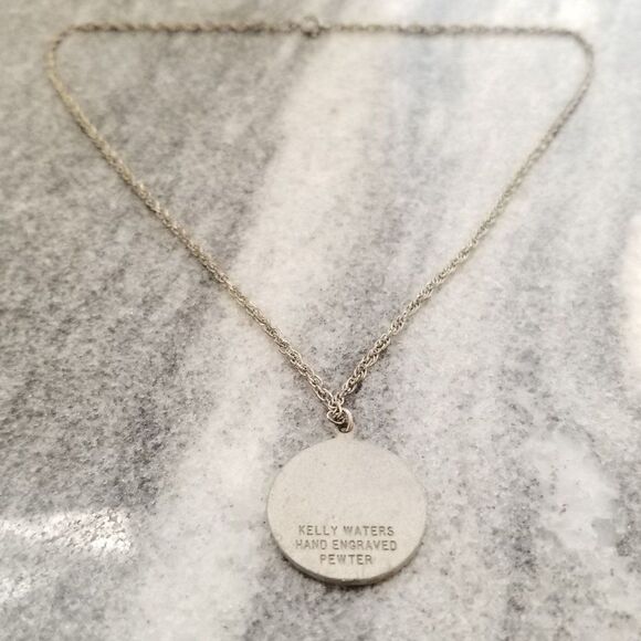 Vintage Kelly Waters Hand Engraved Pewter Pendant Necklace, Silver Tone, Estate - Picture 2 of 4
